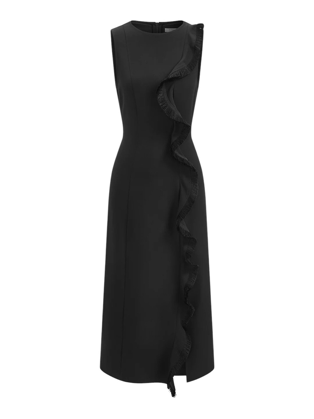 Commense Black Fringe Ruffle Midi Dress Sleeveless Side Slit Large NWT